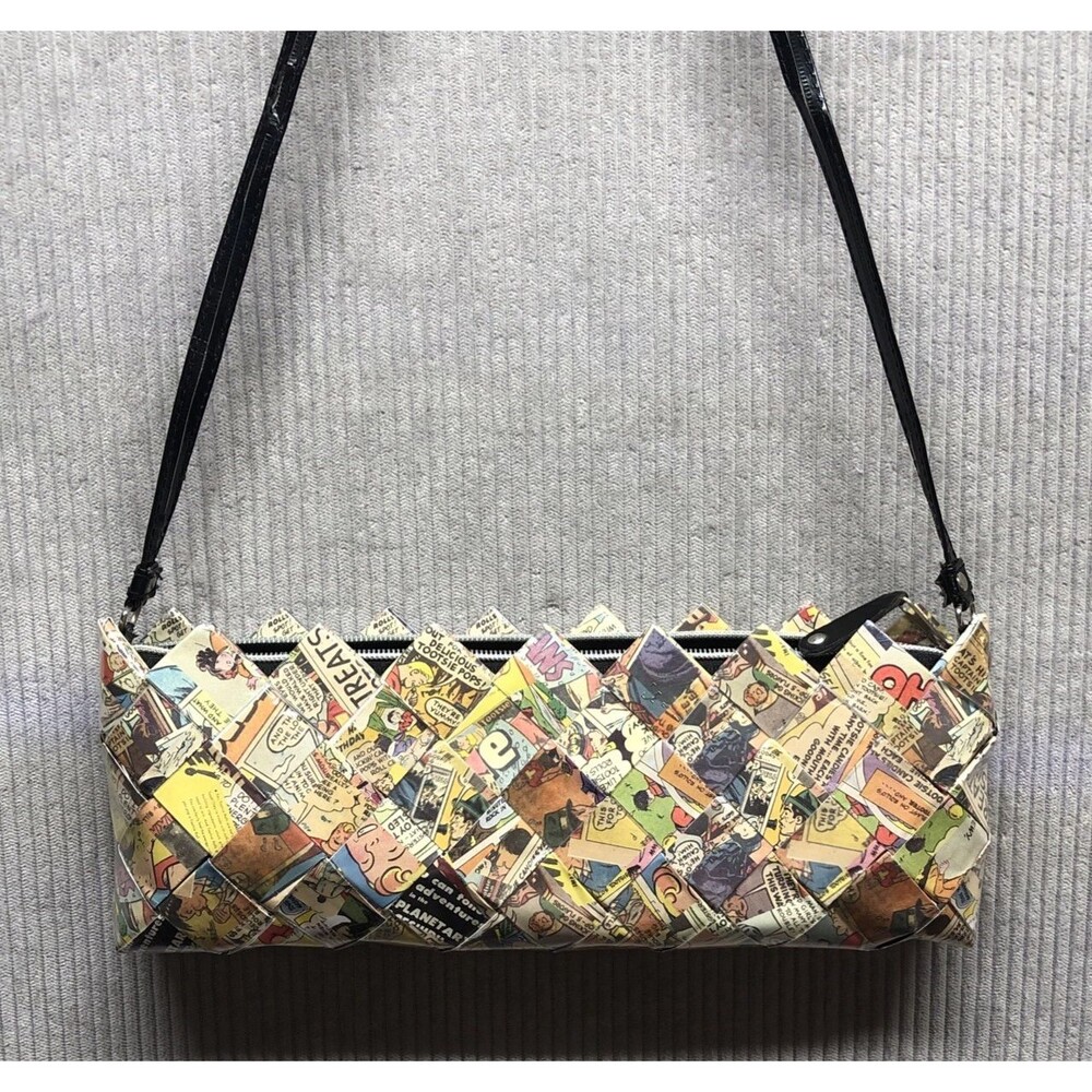 Nahui Ollin Comic Book Print Handbag Basketweave Zig Zag Trim Whimsical